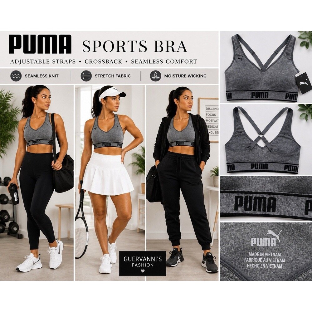 Puma Sports Bra Womens Size S Gray Heathered Seamless Ribbed Logo Band Athletic
